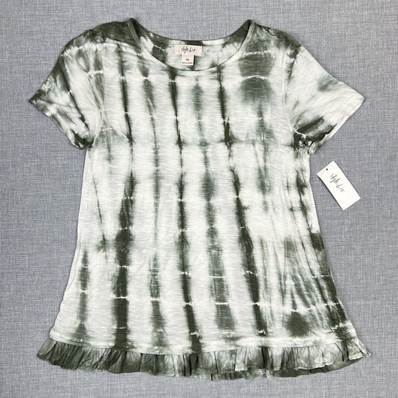 Style & Co Olive Green Tie Dye Ruffle Hem Top Size XS - Picture 2 of 5